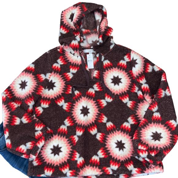 NWT LOFT Chocolate Brown, Red, Pink & Cream Sunburst Sherpa Hoodie - Picture 5 of 10